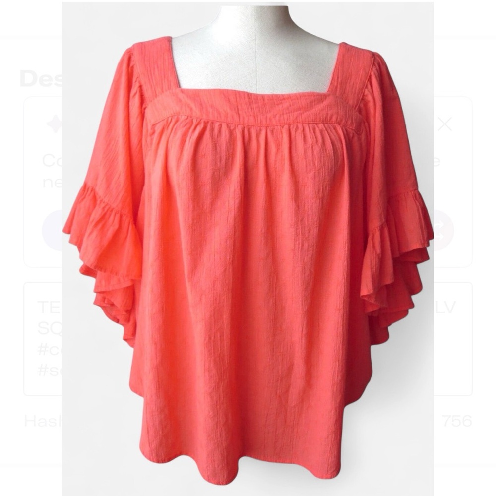 Terra & Sky Coral Ruffle Sleeve Blouse square neck top shirt woman’s 1X 16W 18W